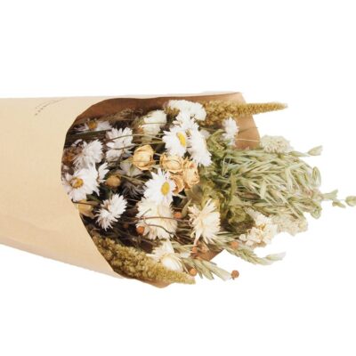 Dried flower bouquet wrapped in brown craft paper with white daisies and beige blooms.